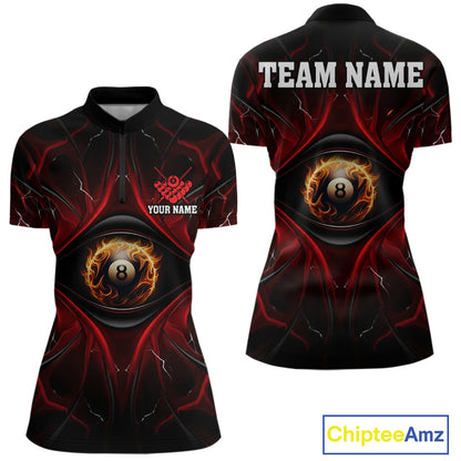 Women’s black and red flame 8 ball eyes billiard quarter zip shirt for tournaments and league matches.