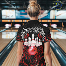 Load image into Gallery viewer, Woman wearing black and red phoenix wings bowling polo shirt back view.
