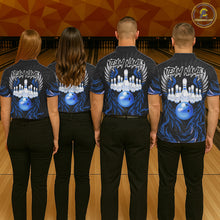 Load image into Gallery viewer, Bowling team wearing matching black and blue phoenix wings jerseys back view.