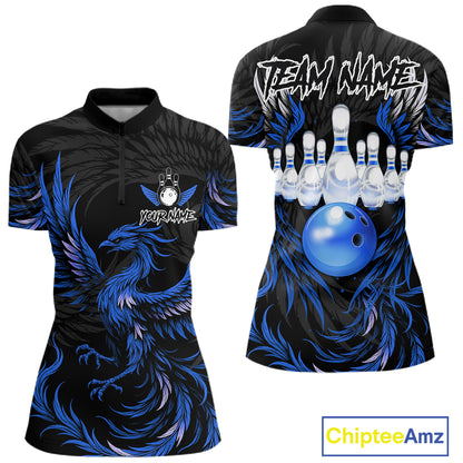 Black and blue phoenix wings bowling quarter zip shirt for women.