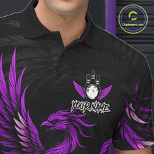 Load image into Gallery viewer, Close up of black and purple phoenix wings bowling polo shirt collar, buttons and chest design.