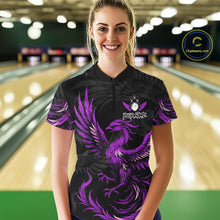 Load image into Gallery viewer, Woman wearing black and purple phoenix wings bowling quarter zip shirt front view.