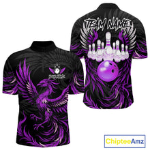 Load image into Gallery viewer, Black and purple phoenix wings bowling quarter zip shirt for men.