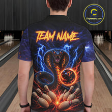 Load image into Gallery viewer, Man wearing blue lightning cobra bowling polo shirt back view.