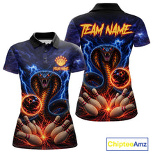 Load image into Gallery viewer, Blue lightning cobra bowling polo shirt for women, custom fire bowling league team jersey.