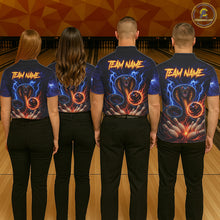 Load image into Gallery viewer, Bowling team wearing matching blue lightning cobra jerseys back view.