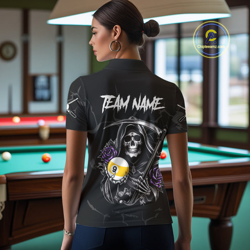 Personalized Purple Funny Skull Roses 9 Ball Billiard Shirt For Women Custom Pool Team Shirt Design TDM4478