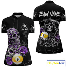 Load image into Gallery viewer, Personalized Purple Funny Skull Roses 9 Ball Billiard Shirt For Women Custom Pool Team Shirt Design TDM4478