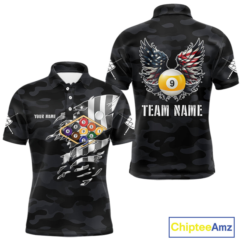 Personalized Camouflage US Flag Billiard Shirt For Men, Funny Patriotic 9 Ball Wings Pool Jersey TDM4479