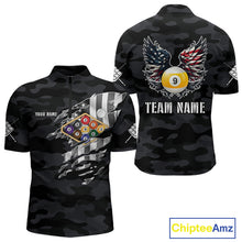 Load image into Gallery viewer, Personalized Camouflage US Flag Billiard Shirt For Men, Funny Patriotic 9 Ball Wings Pool Jersey TDM4479