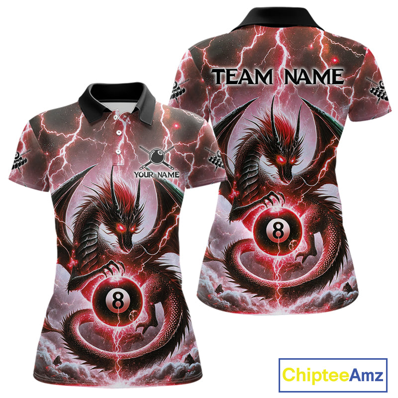 Personalized Thunder Lightning Dragon Billiard Shirt For Women, Red 8 Ball Pool Team Jersey TDM4481