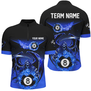 Blue Death Skeleton Flame 8 Ball Pool Billiard Shirts For Men Custom Billiard League Team Jerseys TDM2646