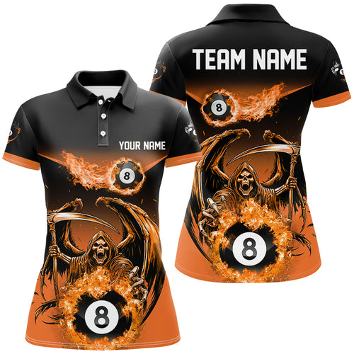 Orange Death Skeleton Flame 8 Ball Pool Billiard Shirts For Women Custom Billiard League Team Jerseys TDM2648