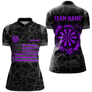 Personalized Purple Retro US Flag Patriotic Women Dart Shirts, Crack Pattern Grunge Dart Jerseys TDM2650