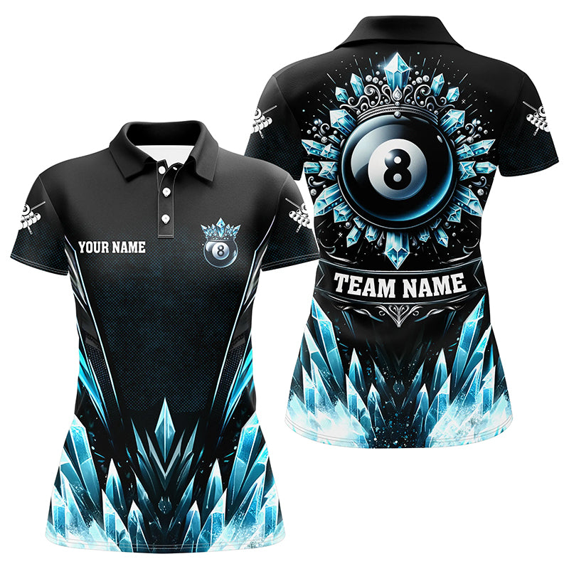 Personalized 3D Blue Icy Funny 8 Ball Pool Crown Women Billiard Polo Shirts Custom Billiard Jerseys TDM1169