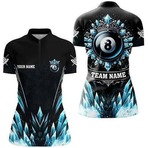 Customized Blue Icy Funny 8 Ball Pool Crown Women Quarter-Zip Shirts Custom Billiard Jerseys TDM1169