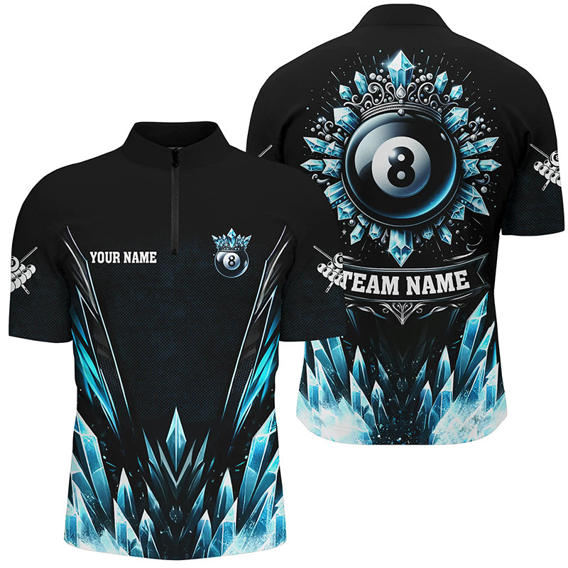 Customized Blue Icy Funny 8 Ball Pool Crown Men Quarter-Zip Shirts Custom Billiard Jerseys TDM1169