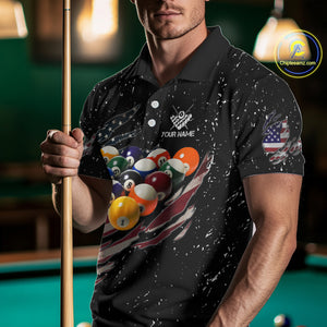 Patriotic American Flag Grunge Billiard Jersey For Men Custom Billiard Shirt Polo & 1/4 Zip |Black TDM3820
