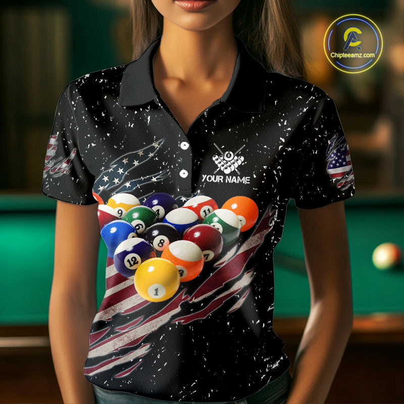 Patriotic American Flag Grunge Billiard Jersey For Women Custom Billiard Shirt Polo & 1/4 Zip |Black TDM3820
