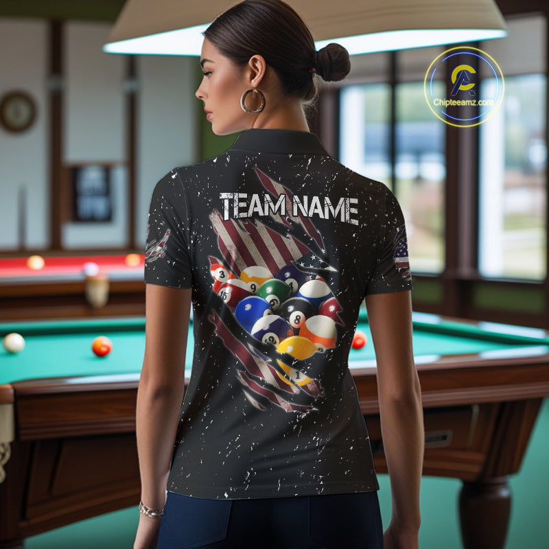 Patriotic American Flag Grunge Billiard Jersey For Women Custom Billiard Shirt Polo & 1/4 Zip |Black TDM3820