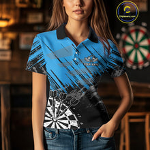 Load image into Gallery viewer, Blue Black Grunge Darts Shirts For Women Custom Dart Jersey With Pocket Option TDM4108