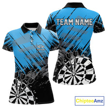 Load image into Gallery viewer, Blue Black Grunge Darts Shirts For Women Custom Dart Jersey With Pocket Option TDM4108