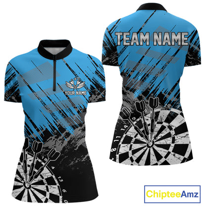 Blue Black Grunge Darts Shirts For Women Custom Dart Jersey With Pocket Option TDM4108