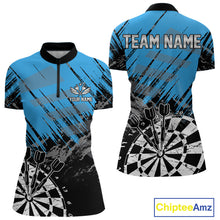 Load image into Gallery viewer, Blue Black Grunge Darts Shirts For Women Custom Dart Jersey With Pocket Option TDM4108