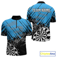 Load image into Gallery viewer, Blue Black Grunge Darts Shirts For Men Custom Dart Jersey With Pocket Option TDM4108