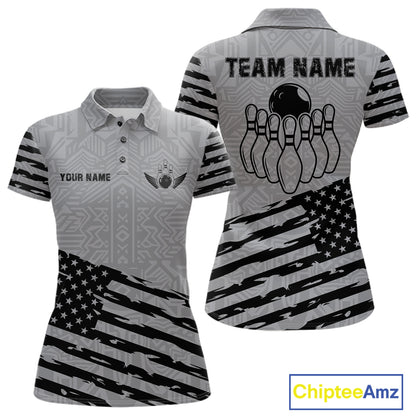 Grey American flag bowling polo shirt for women with custom team graphics for league and tournament play.