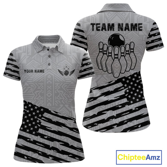 Grey American flag bowling polo shirt for women with custom team graphics for league and tournament play.