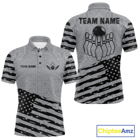 Grey American flag bowling polo shirt for men with custom team graphics for league and tournament play.