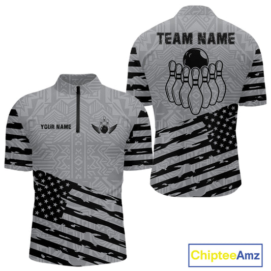 Grey American flag bowling quarter zip shirt for men with personalized bowling team style.