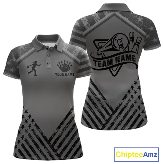 Grey American flag bowling polo shirt for women with personalized team graphics and league-ready style.