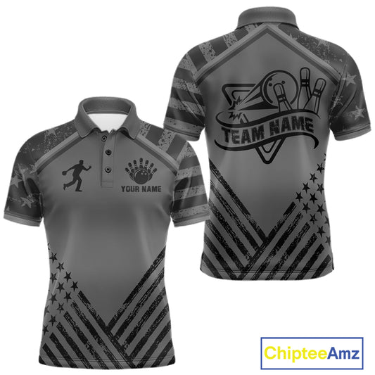 Grey American flag bowling polo shirt for men with personalized team graphics and league-ready style.
