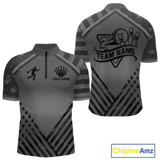 Grey American flag bowling quarter zip shirt for men designed for tournaments and bowling team matches.