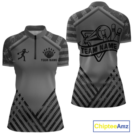 Grey American flag bowling quarter zip shirt for women designed for tournaments and bowling team matches.
