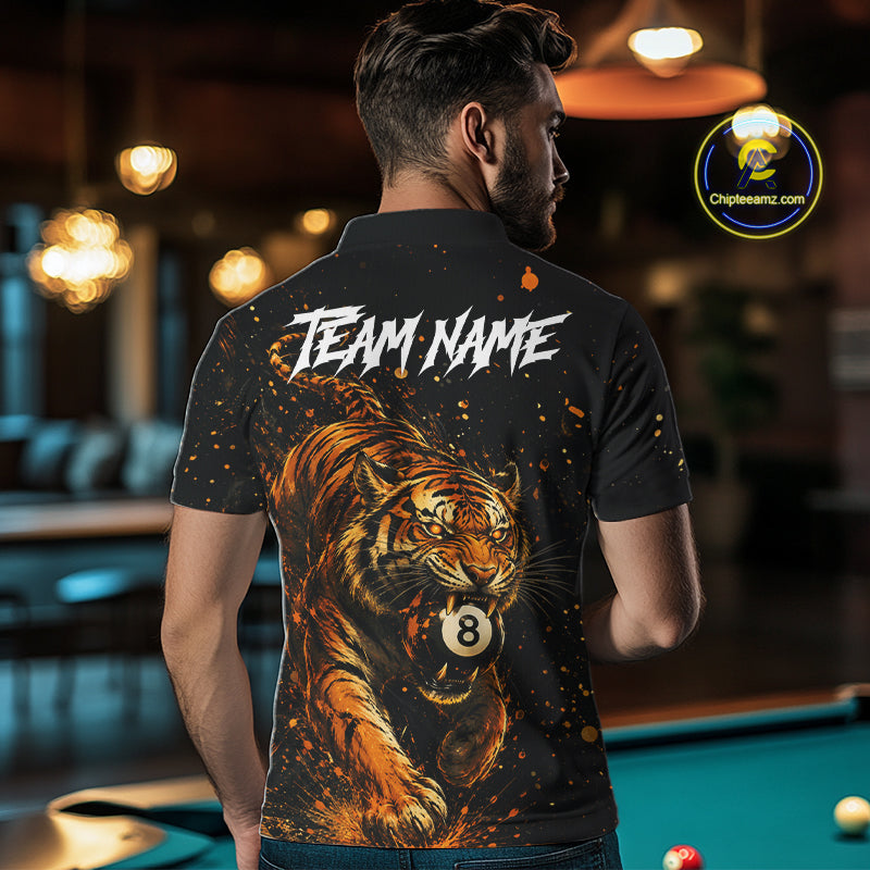 Man wearing personalized grunge tiger 8 ball pool billiard polo shirt back view.