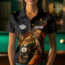 Load image into Gallery viewer, Woman wearing personalized grunge tiger 8 ball pool billiard polo shirt front view.