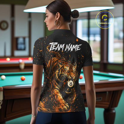 Woman wearing personalized grunge tiger 8 ball pool billiard polo shirt back view.