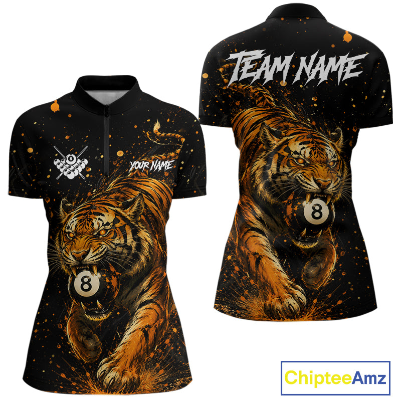 Personalized grunge tiger 8 ball pool billiard quarter zip shirt for women, custom pool team jersey and league apparel.