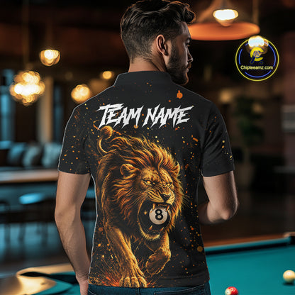 Man wearing personalized grunge lion 8 ball billiard polo shirt back view.