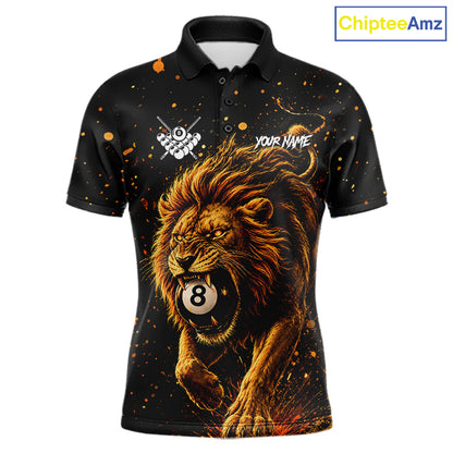 Personalized grunge lion 8 ball billiard pool team jersey polo shirt for men, custom 8 ball pool league apparel and billiard tournament jersey.
