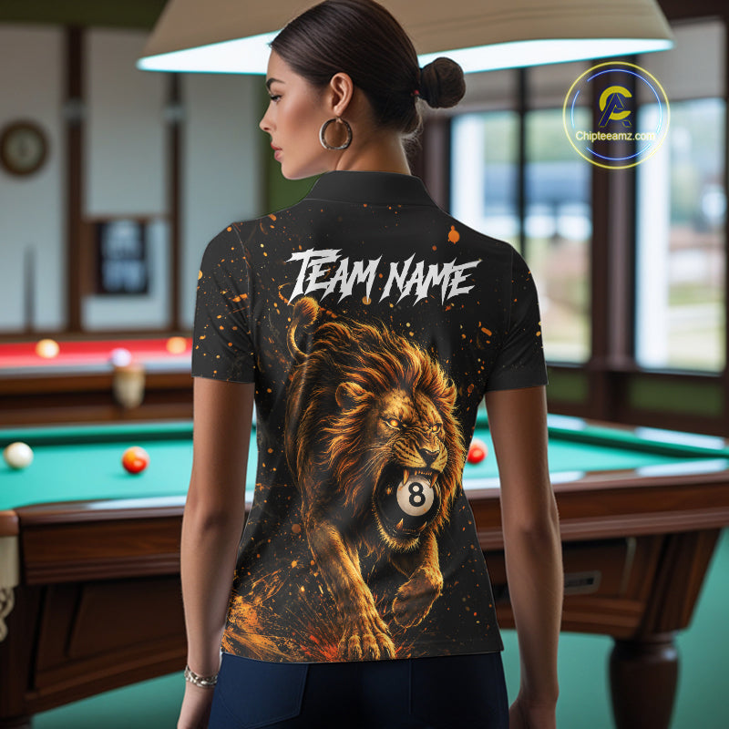 Woman wearing personalized grunge lion 8 ball billiard polo shirt back view.