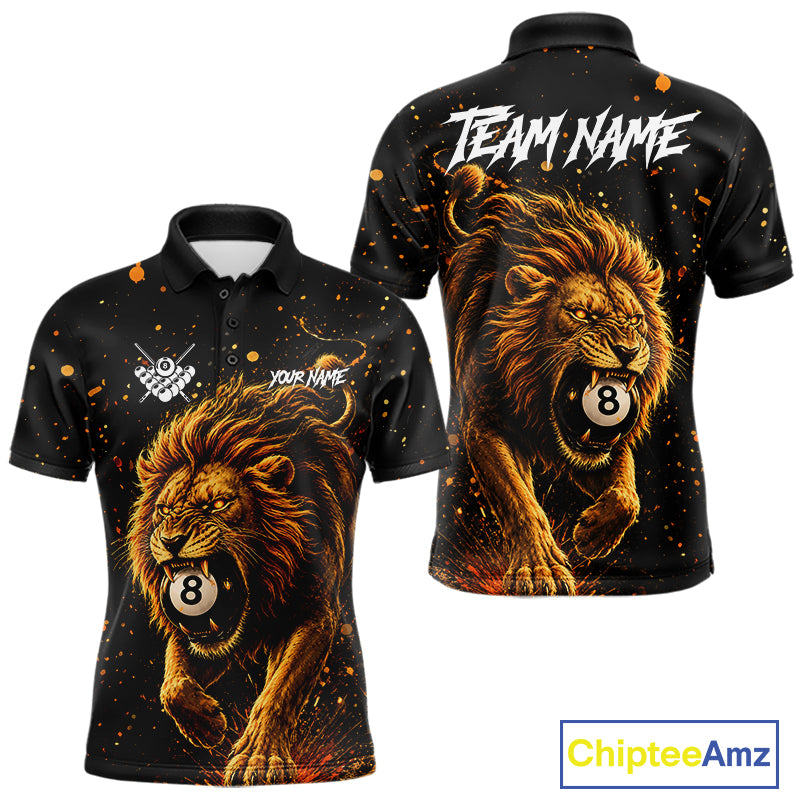 Personalized grunge lion 8 ball billiard pool team jersey polo shirt for men, custom 8 ball pool league apparel and billiard tournament jersey.