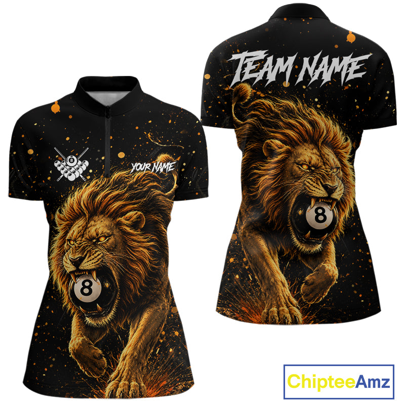 Personalized grunge lion 8 ball billiard quarter zip shirt for women, custom pool team jersey and league apparel.