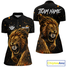 Load image into Gallery viewer, Personalized grunge lion 8 ball billiard quarter zip shirt for women, custom pool team jersey and league apparel.