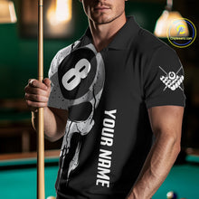 Load image into Gallery viewer, Man wearing personalized American flag 8 ball skull billiard polo shirt front view.