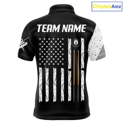 Personalized American flag 8 ball skull billiard pool team jersey polo shirt for men, custom 8 ball pool league apparel and billiard tournament jersey.