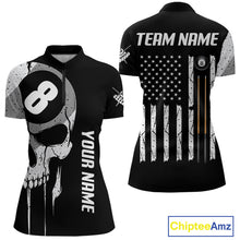 Load image into Gallery viewer, Personalized American flag 8 ball skull billiard quarter zip shirt for women, custom 8 ball pool team jersey and league apparel.